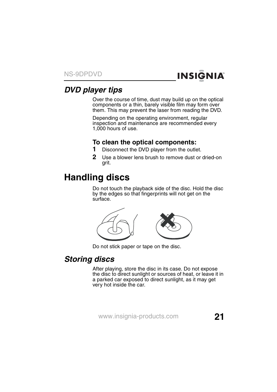 Handling discs, Dvd player tips, Storing discs | Insignia NS-9DPDVD User Manual | Page 23 / 100