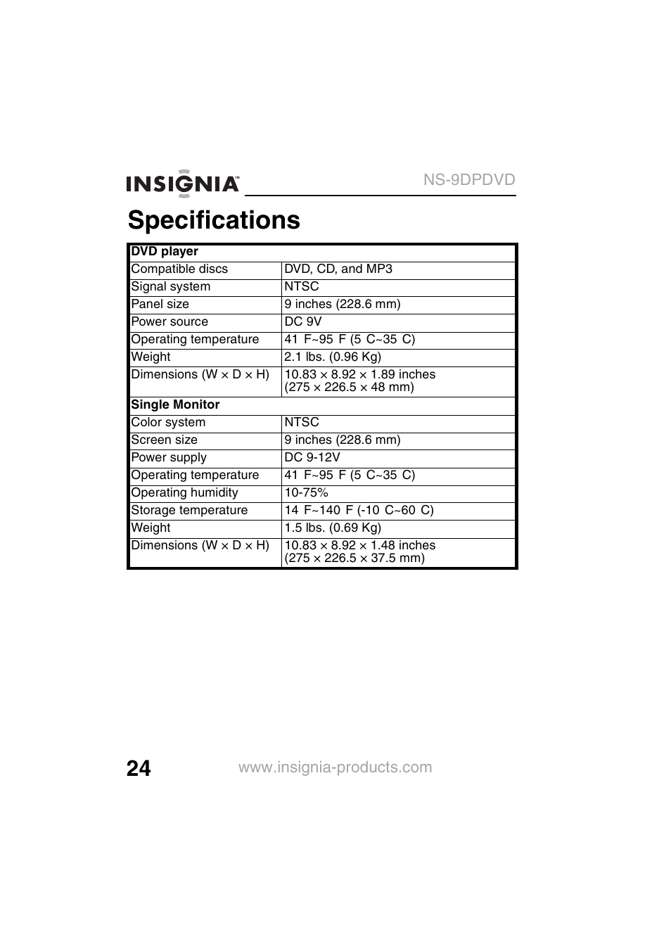 Specifications | Insignia NS-9DPDVD User Manual | Page 26 / 100