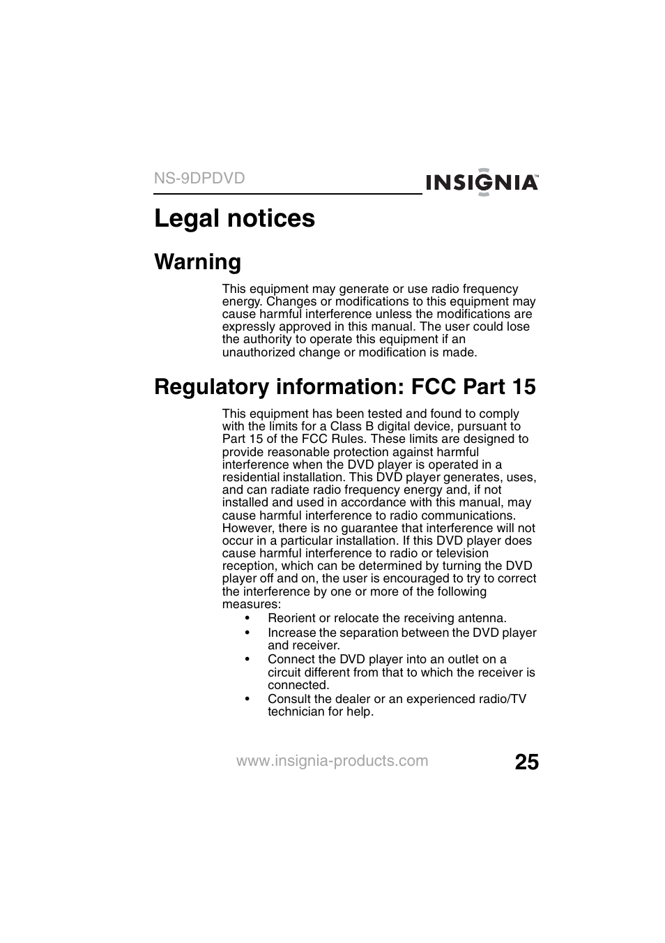 Legal notices, Warning, Regulatory information: fcc part 15 | Insignia NS-9DPDVD User Manual | Page 27 / 100