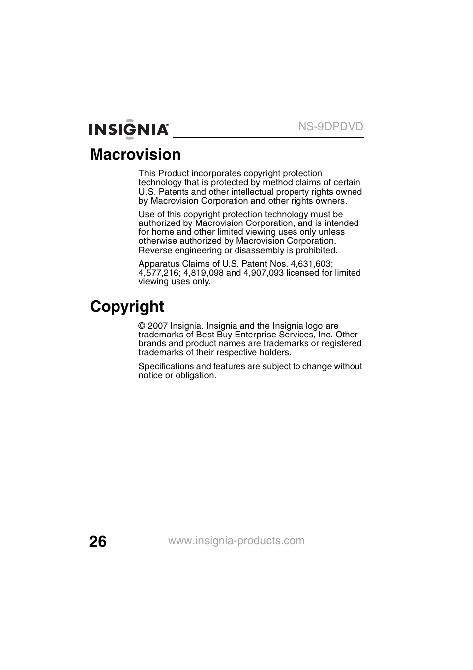 Macrovision, Copyright | Insignia NS-9DPDVD User Manual | Page 28 / 100