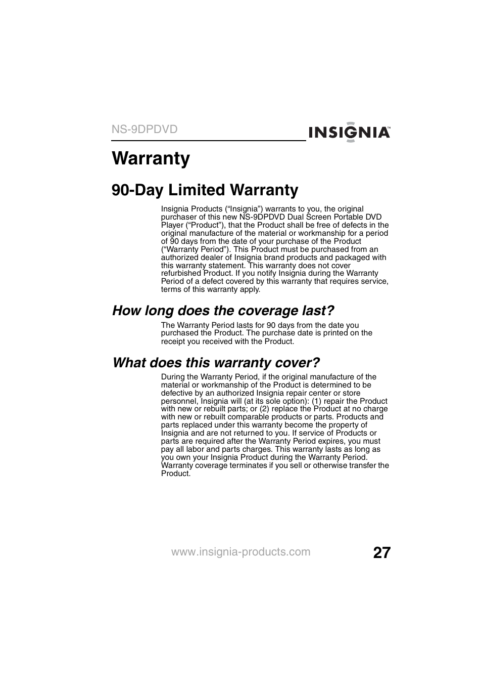 Warranty, Day limited warranty | Insignia NS-9DPDVD User Manual | Page 29 / 100