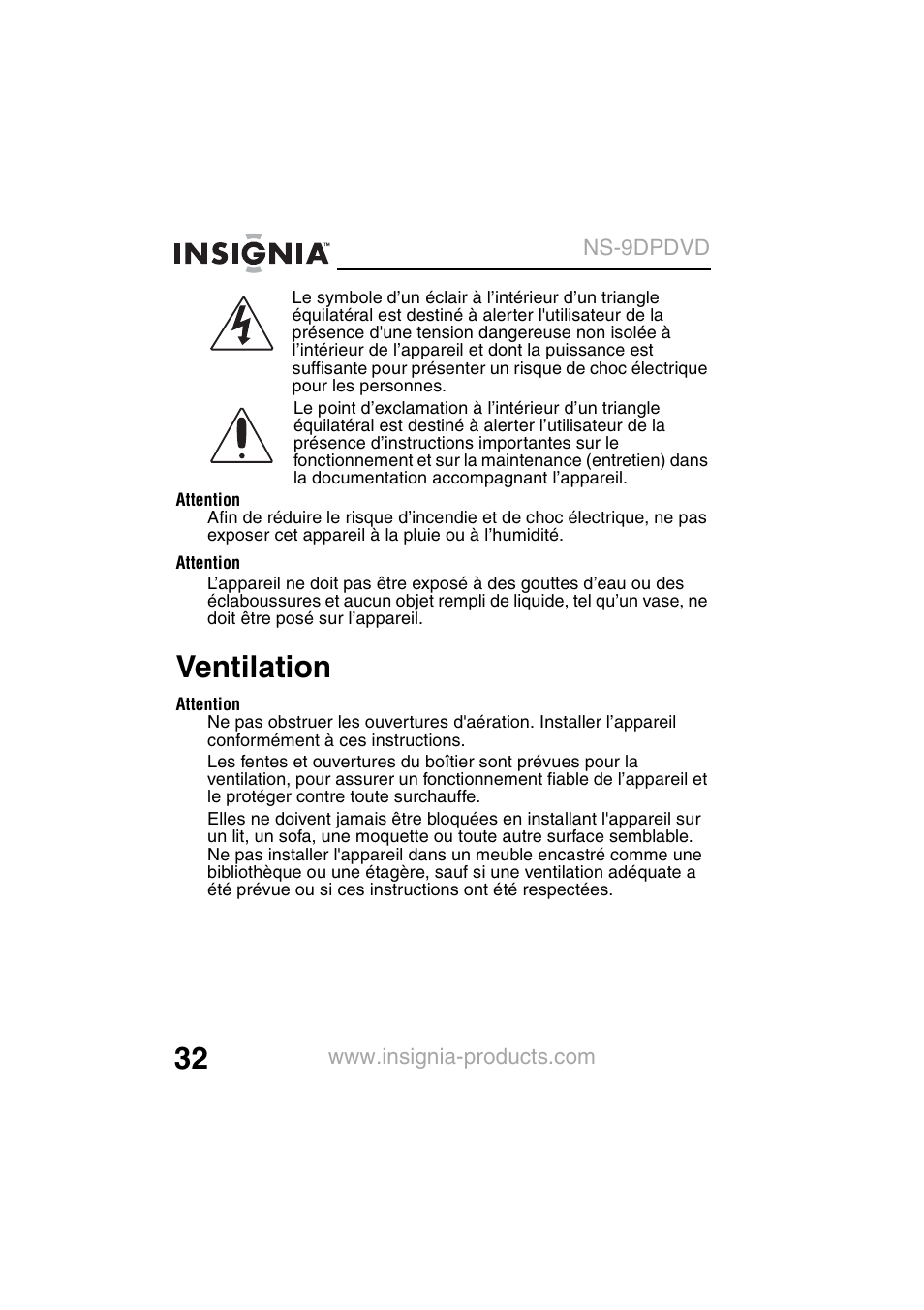 Ventilation | Insignia NS-9DPDVD User Manual | Page 34 / 100