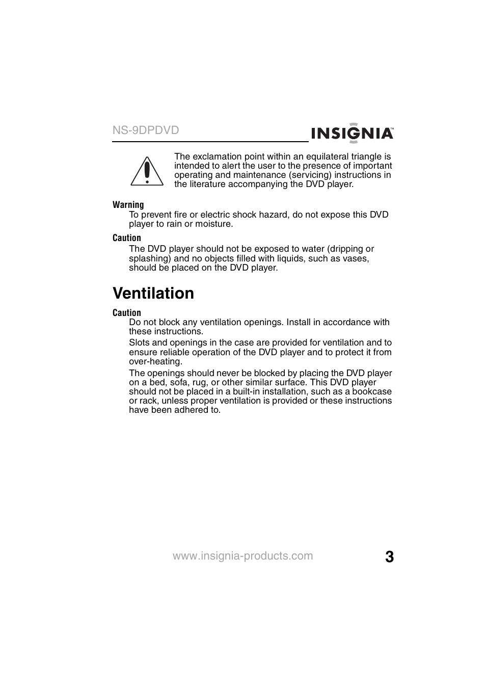 Ventilation | Insignia NS-9DPDVD User Manual | Page 5 / 100