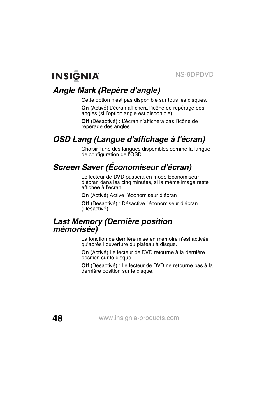 Angle mark (repère d'angle), Osd lang (langue d'affichage à l'écran), Screen saver (économiseur d’écran) | Insignia NS-9DPDVD User Manual | Page 50 / 100