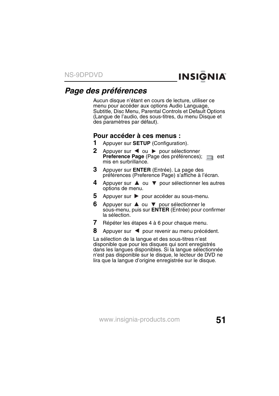 Page des préférences | Insignia NS-9DPDVD User Manual | Page 53 / 100