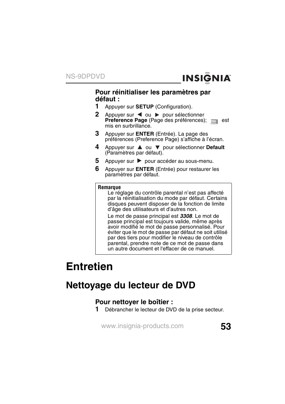 Entretien, Nettoyage du lecteur de dvd | Insignia NS-9DPDVD User Manual | Page 55 / 100