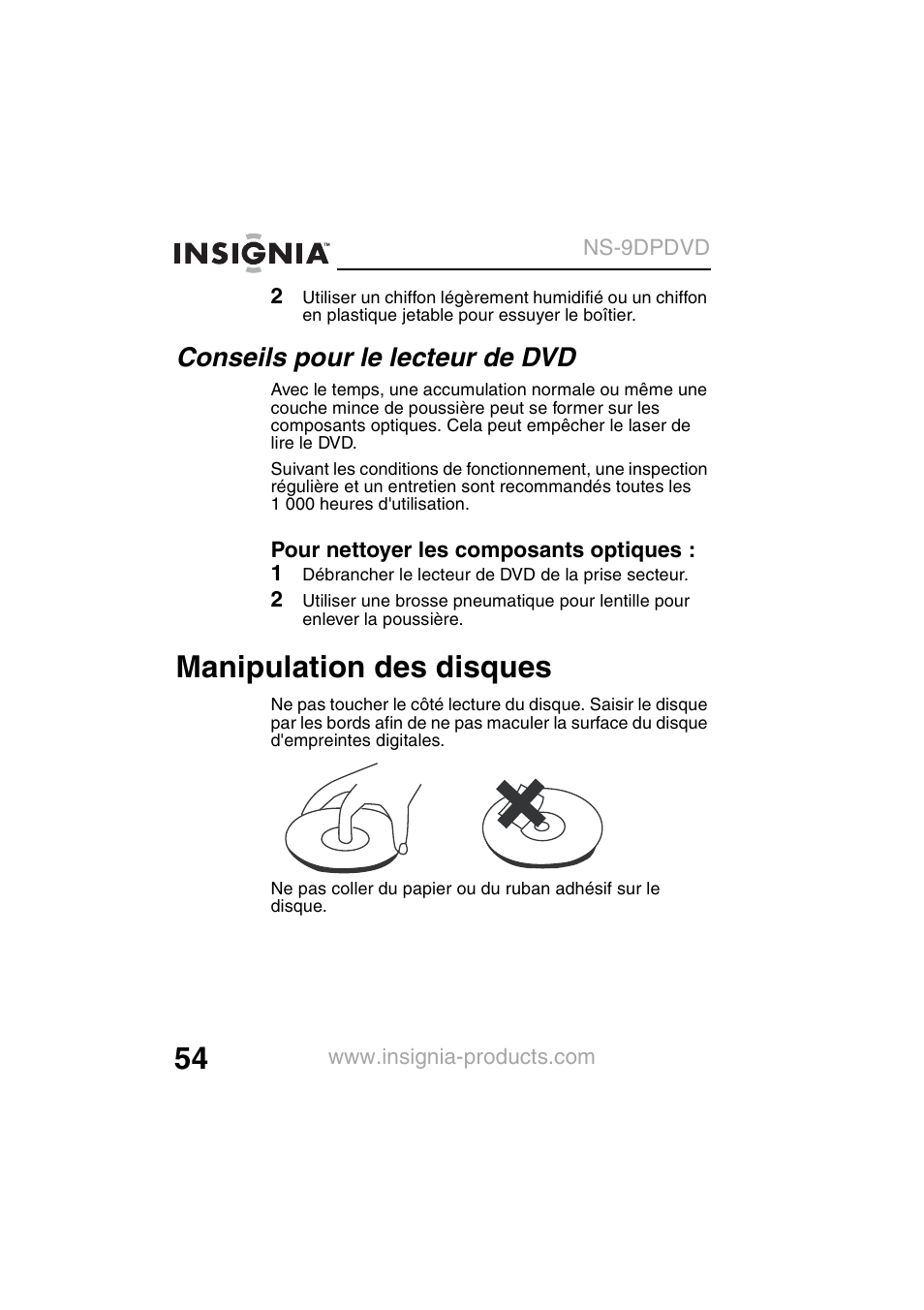 Manipulation des disques, Conseils pour le lecteur de dvd | Insignia NS-9DPDVD User Manual | Page 56 / 100