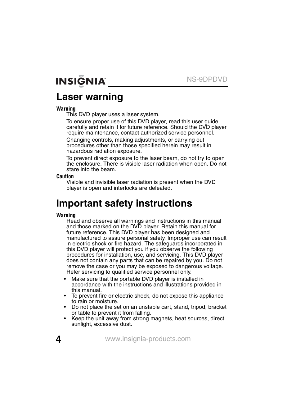 Laser warning, Important safety instructions | Insignia NS-9DPDVD User Manual | Page 6 / 100