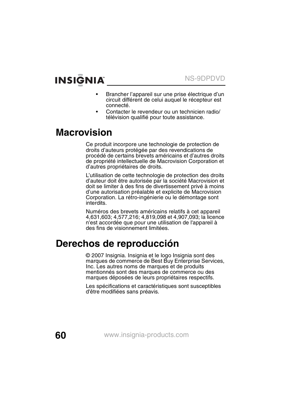 Macrovision, Derechos de reproducción | Insignia NS-9DPDVD User Manual | Page 62 / 100