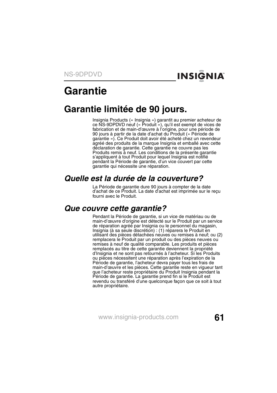 Garantie, Garantie limitée de 90 jours | Insignia NS-9DPDVD User Manual | Page 63 / 100