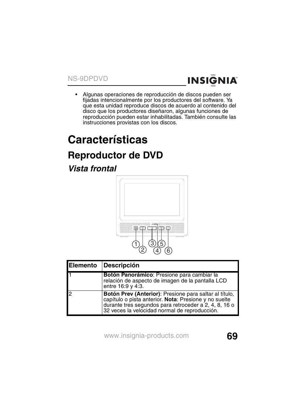 Características, Reproductor de dvd, Vista frontal | Insignia NS-9DPDVD User Manual | Page 71 / 100