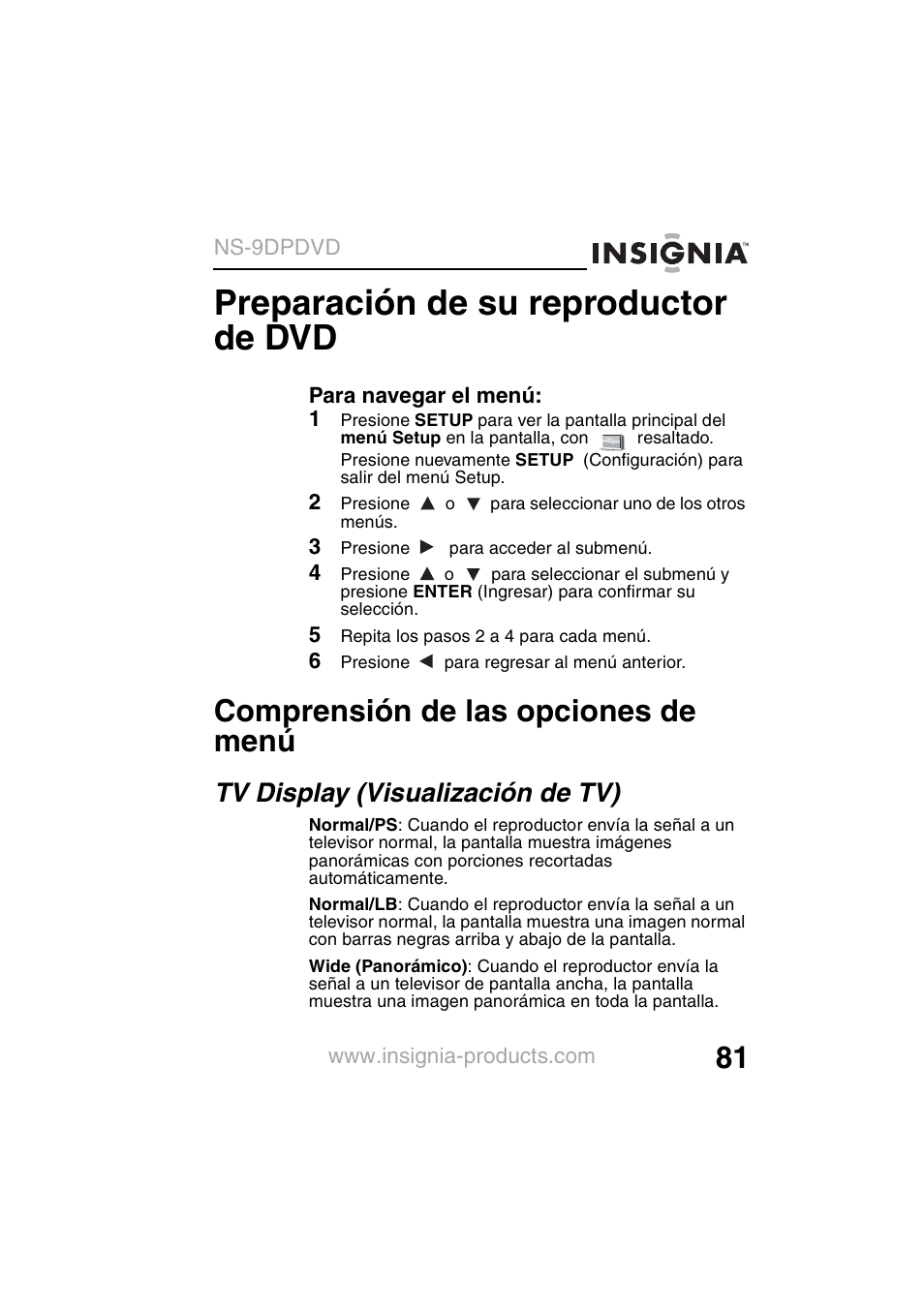 Preparación de su reproductor de dvd, Comprensión de las opciones de menú, Tv display (visualización de tv) | Insignia NS-9DPDVD User Manual | Page 83 / 100