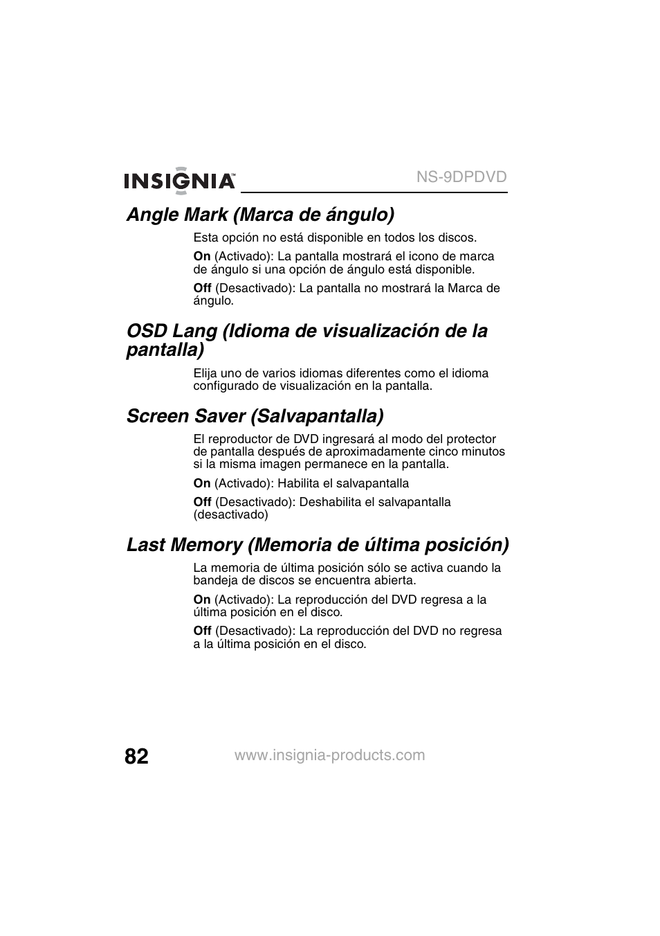 Angle mark (marca de ángulo), Osd lang (idioma de visualización de la pantalla), Screen saver (salvapantalla) | Insignia NS-9DPDVD User Manual | Page 84 / 100