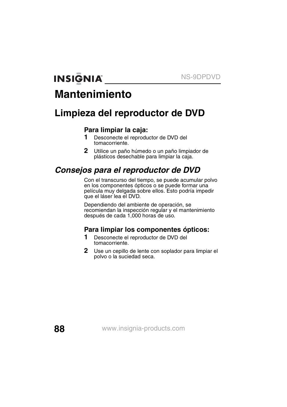 Mantenimiento, Limpieza del reproductor de dvd, Consejos para el reproductor de dvd | Insignia NS-9DPDVD User Manual | Page 90 / 100