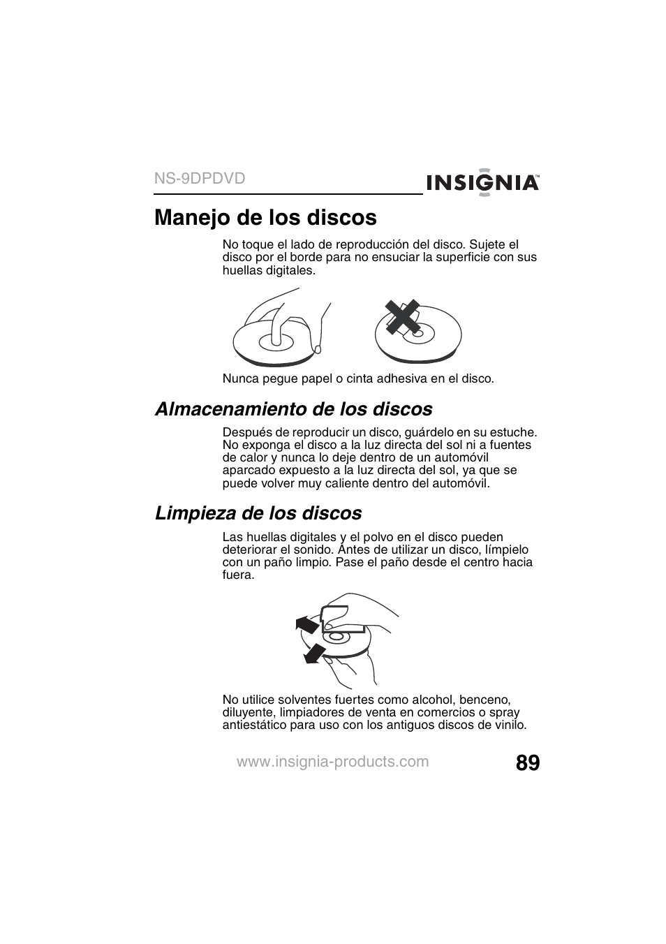 Manejo de los discos, Almacenamiento de los discos, Limpieza de los discos | Insignia NS-9DPDVD User Manual | Page 91 / 100