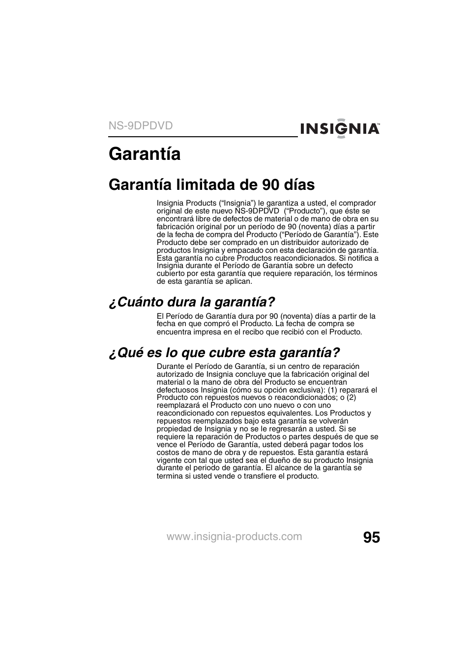 Garantía, Garantía limitada de 90 días | Insignia NS-9DPDVD User Manual | Page 97 / 100