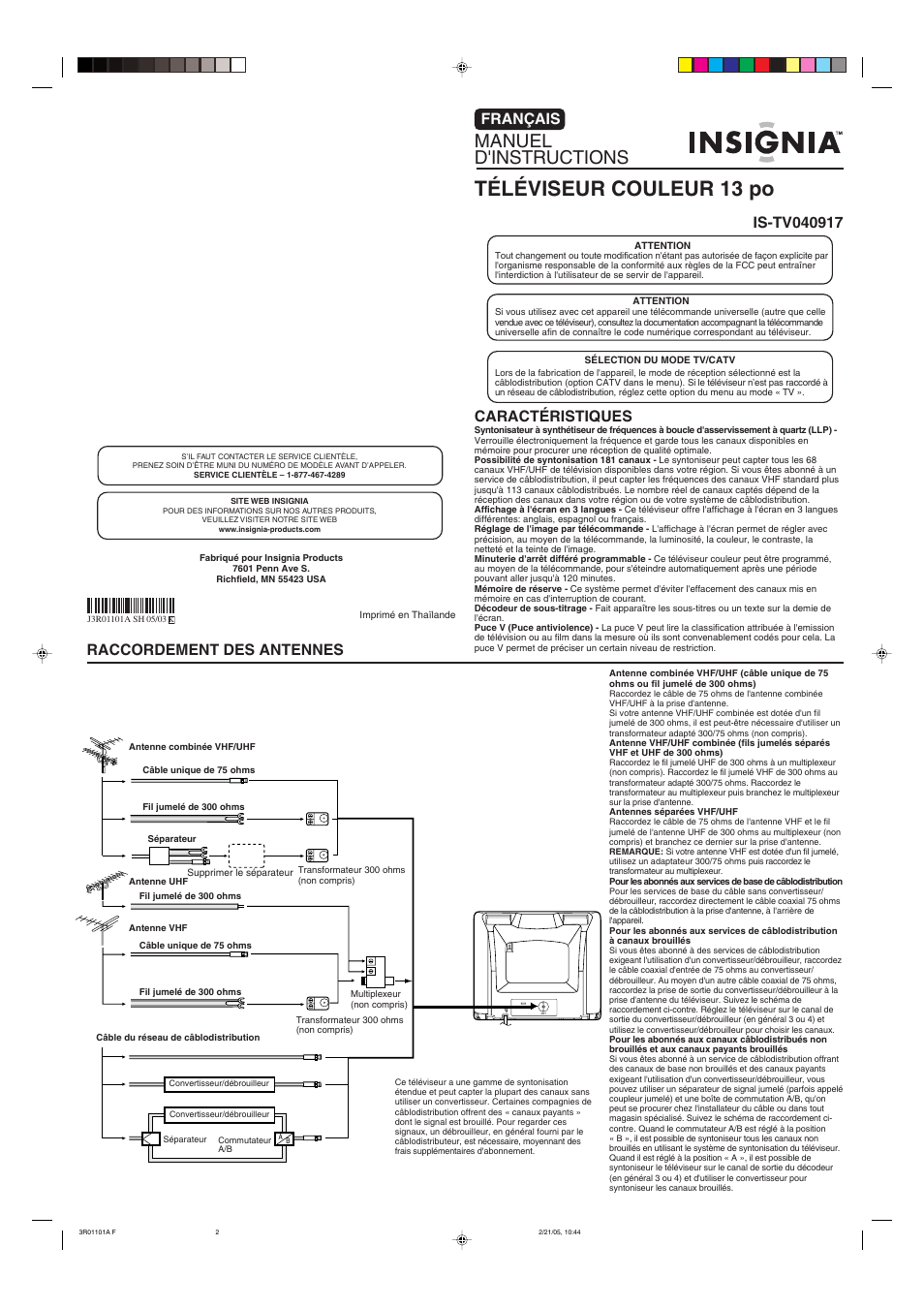 Téléviseur couleur 13 po, Manuel d'instructions, English | Raccordement des antennes, English français, Caractéristiques | Insignia IS-TV040917 User Manual | Page 5 / 12