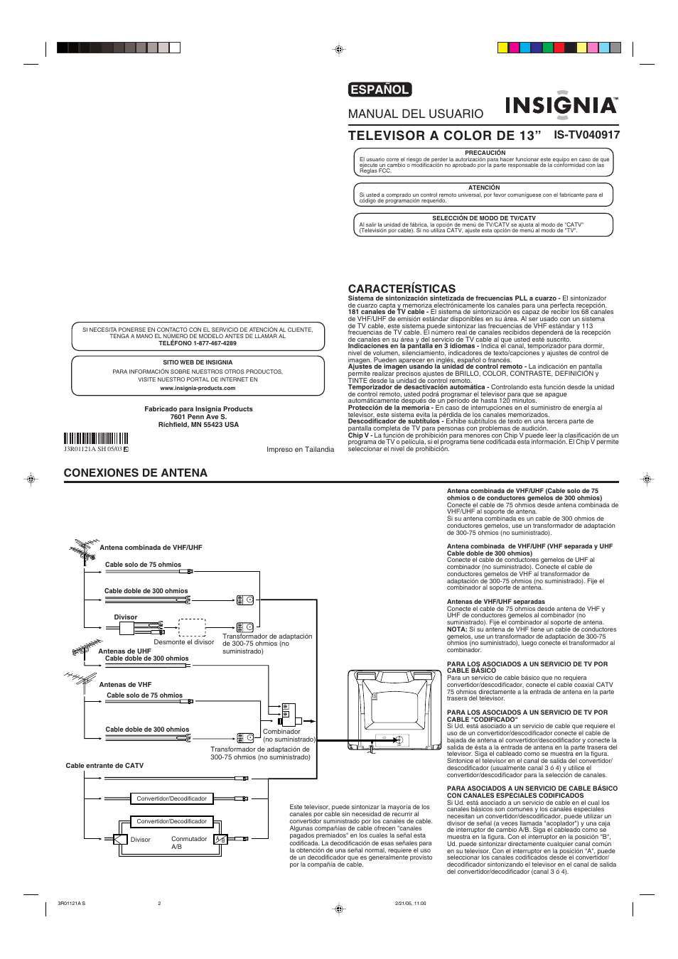 Televisor a color de 13, Manual del usuario, Español | Conexiones de antena, Características | Insignia IS-TV040917 User Manual | Page 9 / 12