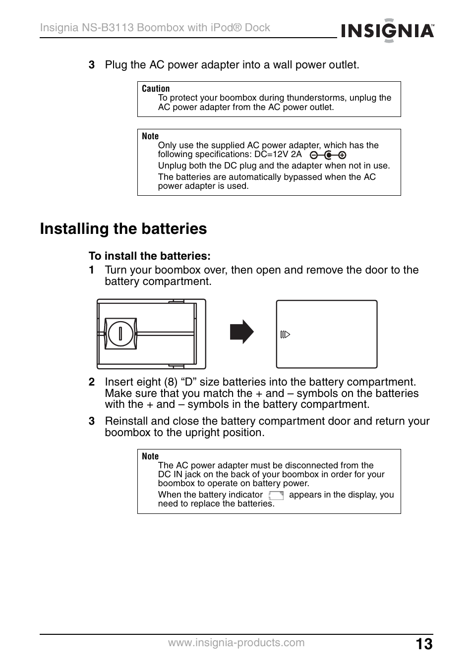 Installing the batteries | Insignia NS-B3113 User Manual | Page 13 / 84