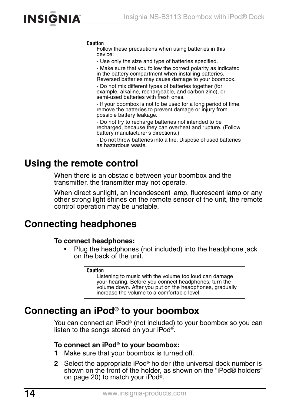 Using the remote control, Connecting headphones, Connecting an ipod® to your boombox | Connecting an ipod | Insignia NS-B3113 User Manual | Page 14 / 84