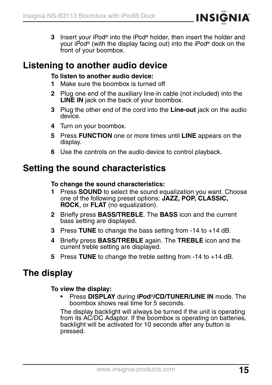 Listening to another audio device, Setting the sound characteristics, The display | Insignia NS-B3113 User Manual | Page 15 / 84