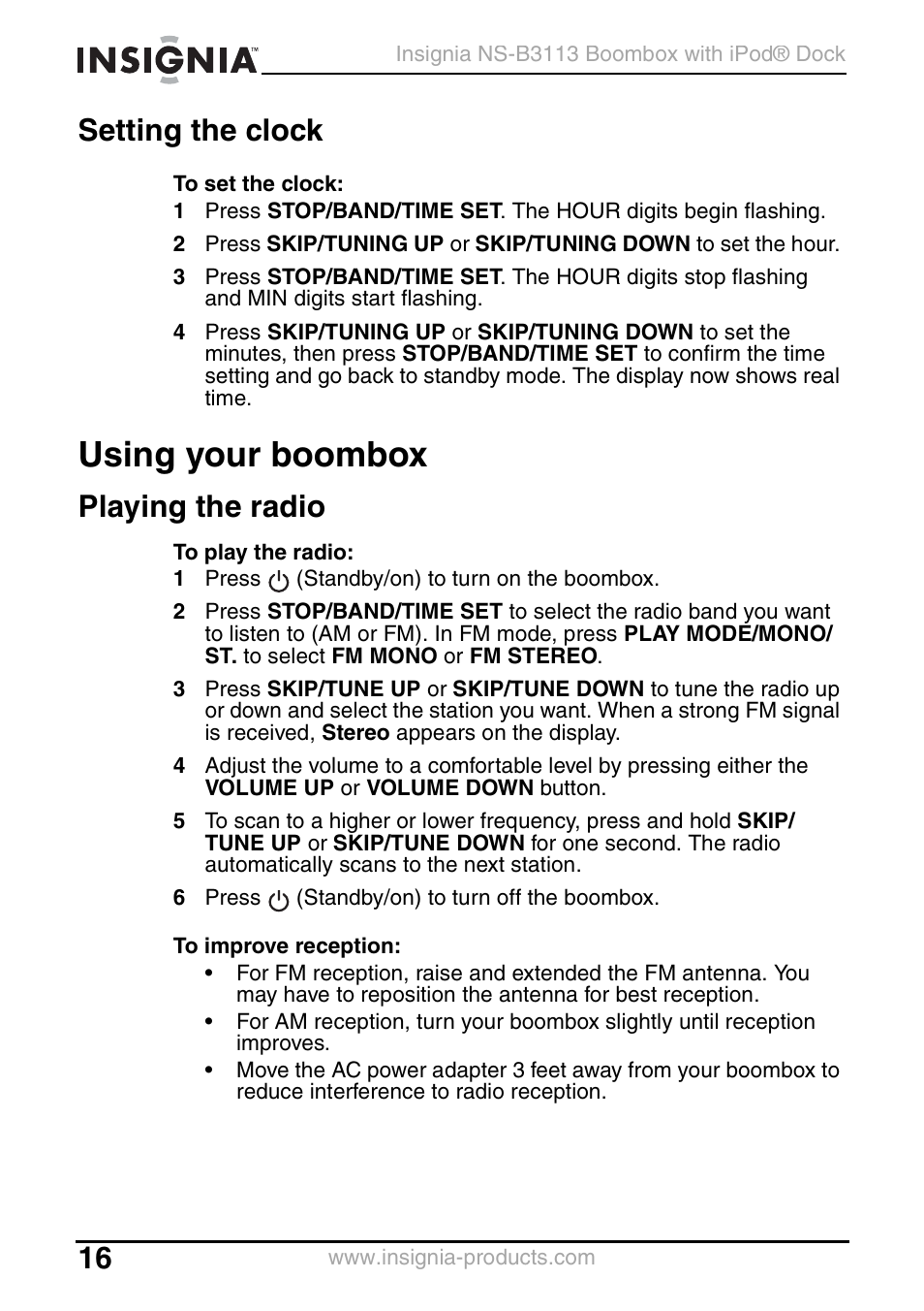 Setting the clock, Using your boombox, Playing the radio | Insignia NS-B3113 User Manual | Page 16 / 84