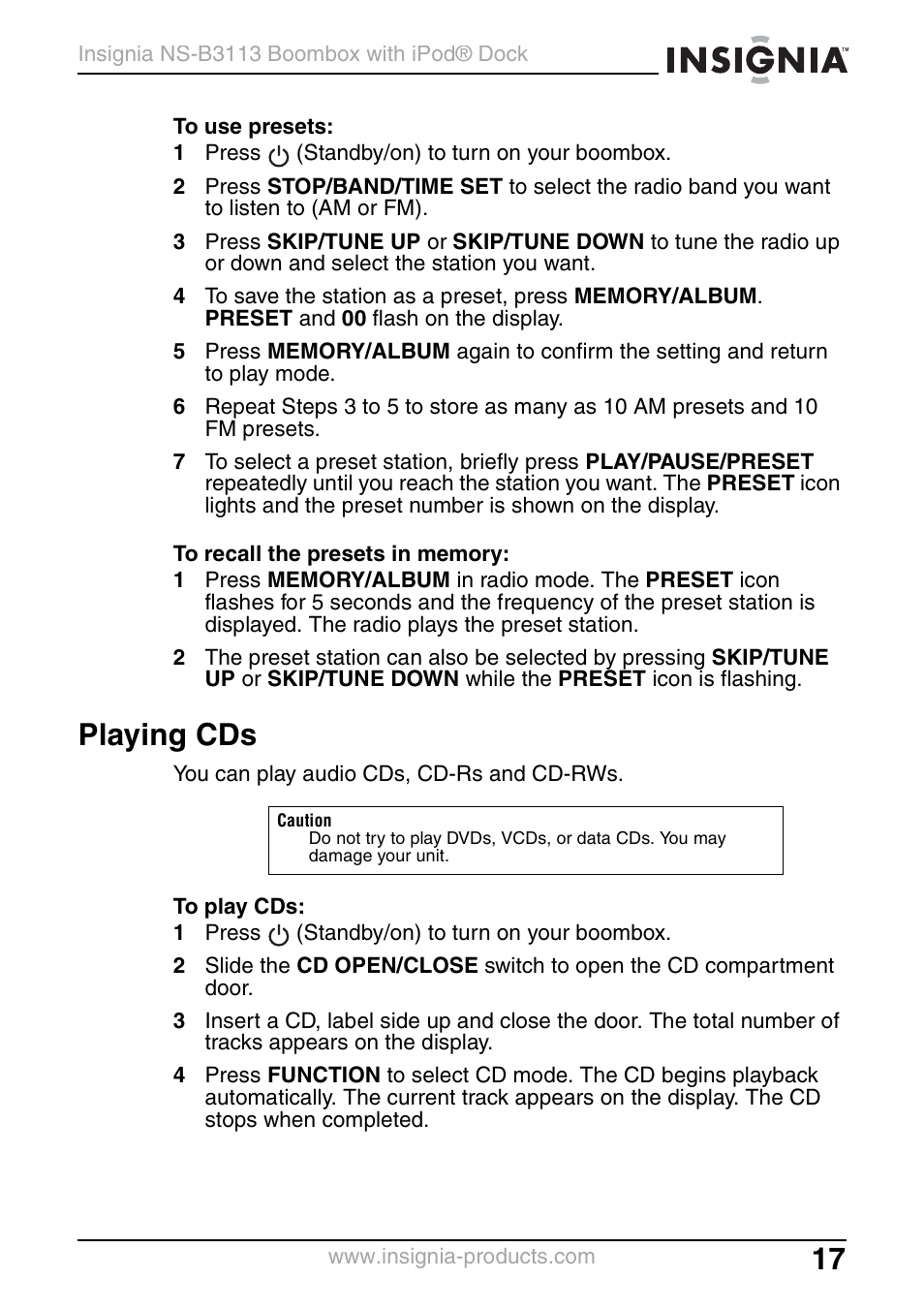 Playing cds | Insignia NS-B3113 User Manual | Page 17 / 84