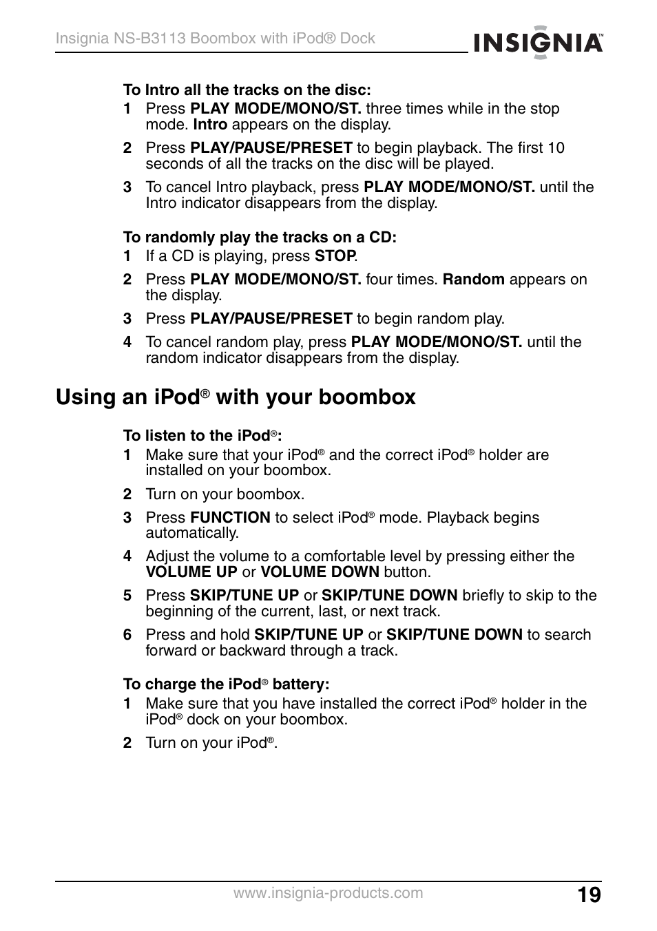 Using an ipod® with your boombox, Using an ipod, With your boombox | Insignia NS-B3113 User Manual | Page 19 / 84