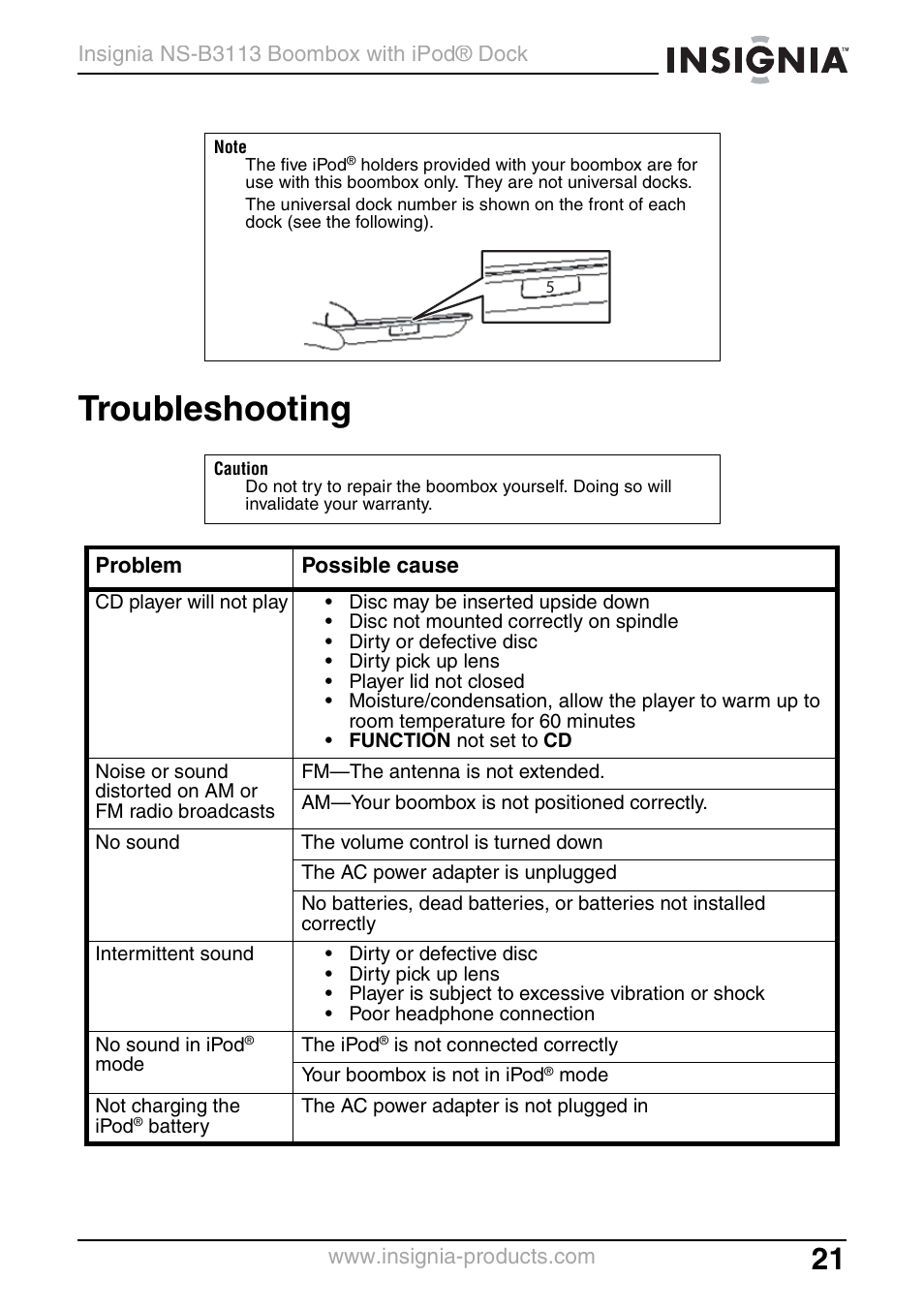 Troubleshooting | Insignia NS-B3113 User Manual | Page 21 / 84