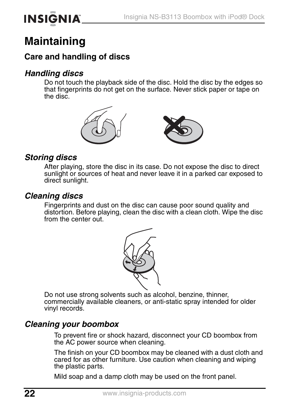 Maintaining, Care and handling of discs, Handling discs | Storing discs, Cleaning discs, Cleaning your boombox | Insignia NS-B3113 User Manual | Page 22 / 84