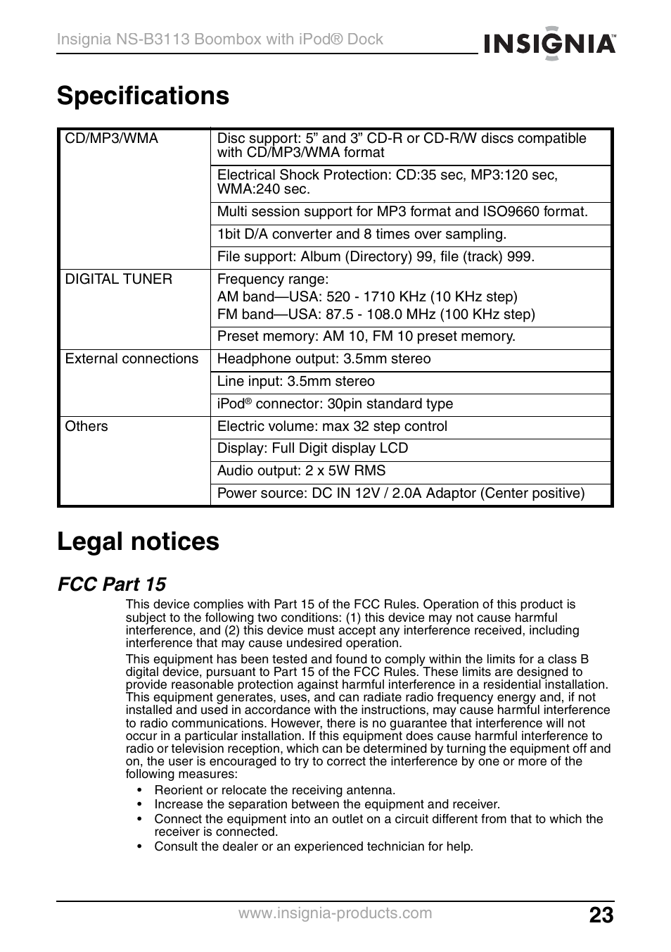 Specifications, Legal notices, Fcc part 15 | Specifications legal notices | Insignia NS-B3113 User Manual | Page 23 / 84