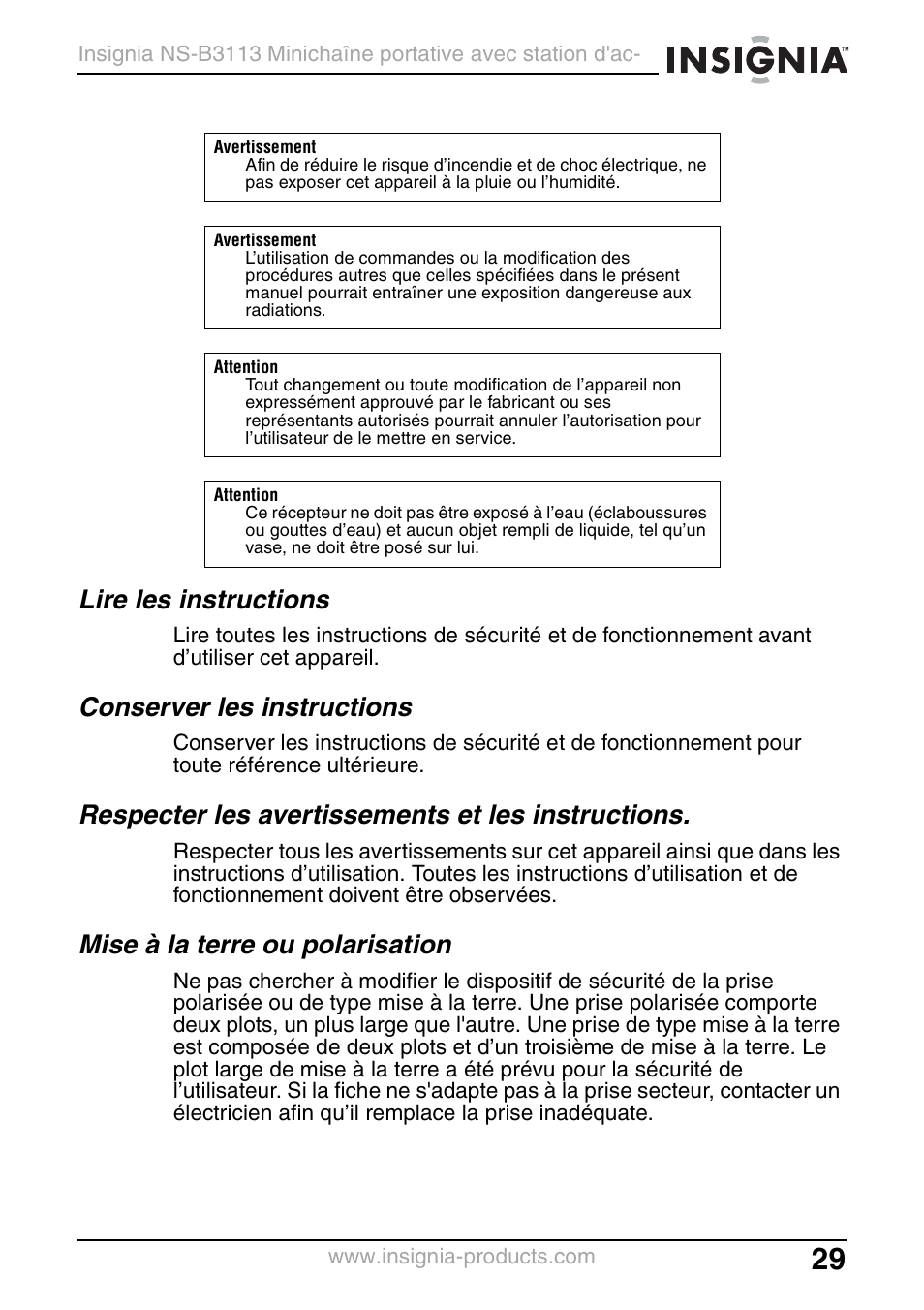 Lire les instructions, Conserver les instructions, Respecter les avertissements et les instructions | Mise à la terre ou polarisation | Insignia NS-B3113 User Manual | Page 29 / 84