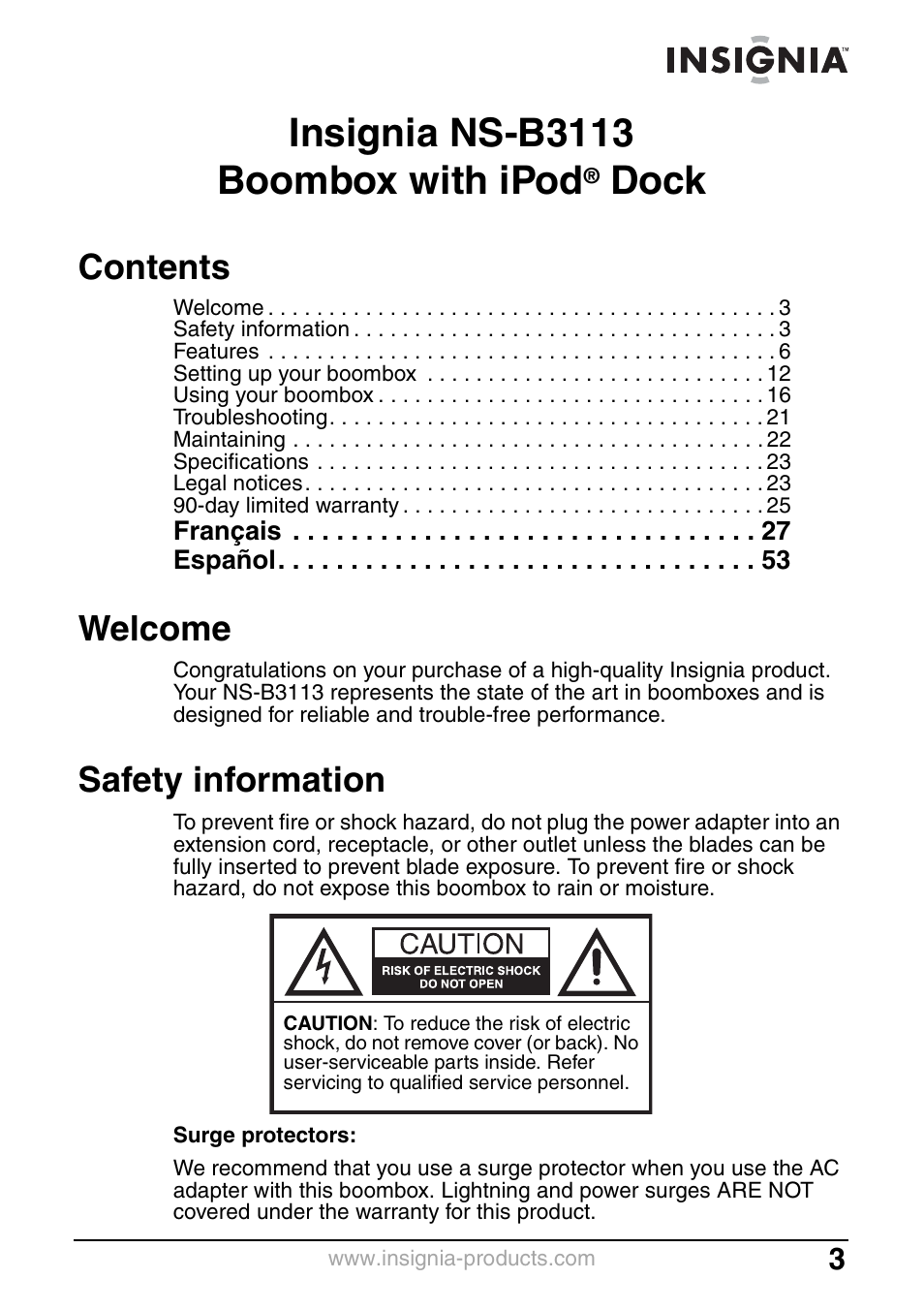 Insignia NS-B3113 User Manual | Page 3 / 84
