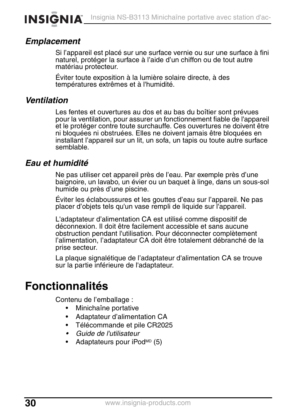 Emplacement, Ventilation, Eau et humidité | Fonctionnalités | Insignia NS-B3113 User Manual | Page 30 / 84