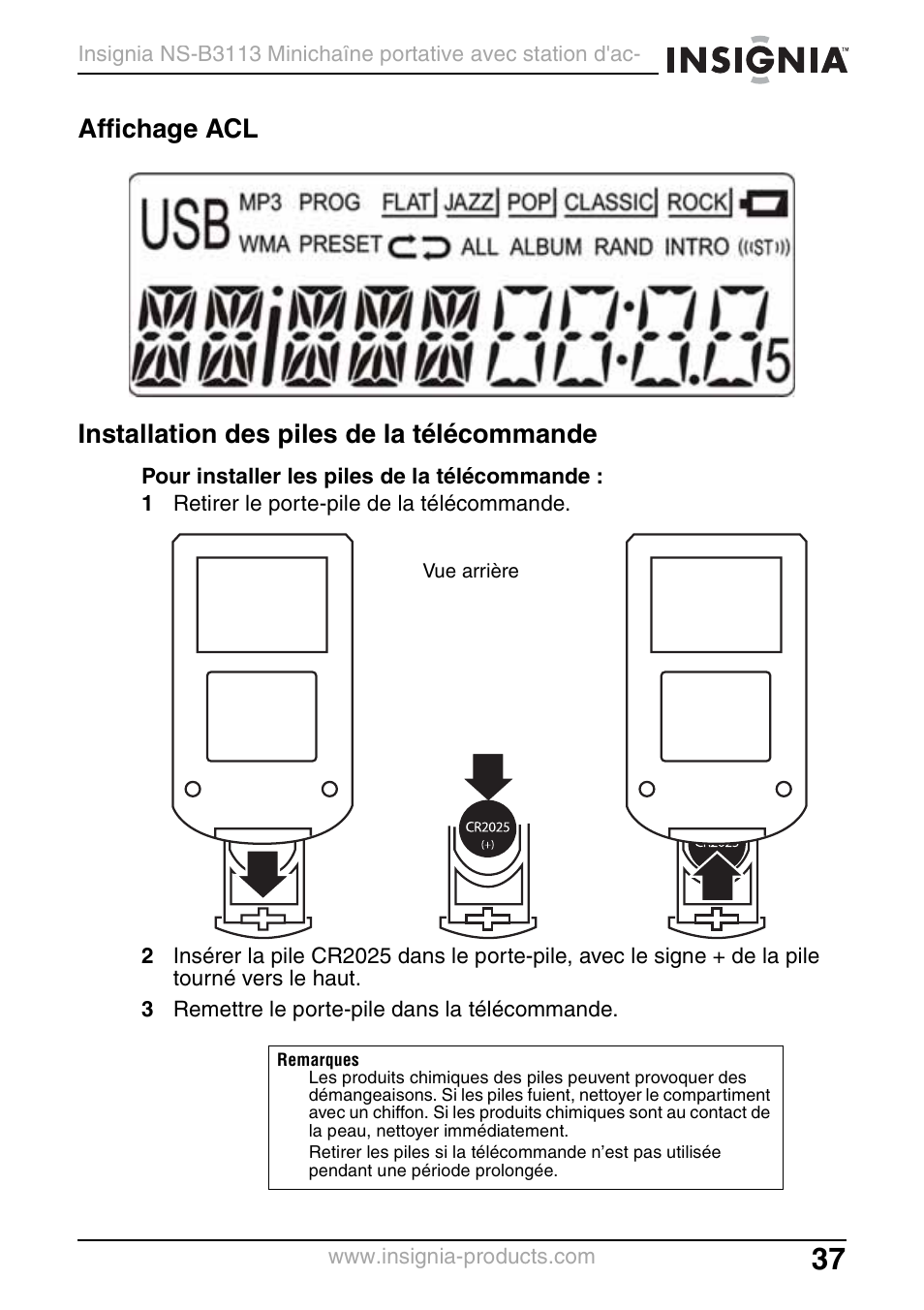 Affichage acl, Installation des piles de la télécommande | Insignia NS-B3113 User Manual | Page 37 / 84