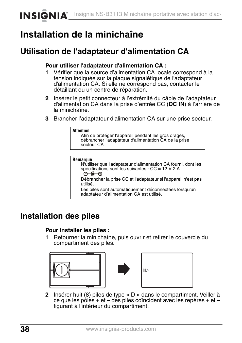 Installation de la minichaîne, Utilisation de l'adaptateur d'alimentation ca, Installation des piles | Insignia NS-B3113 User Manual | Page 38 / 84