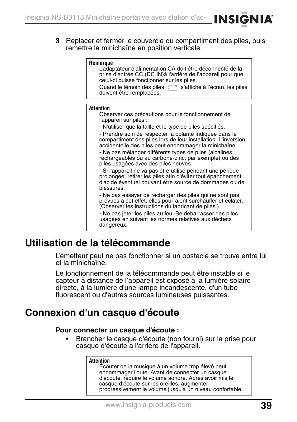 Utilisation de la télécommande, Connexion d'un casque d'écoute | Insignia NS-B3113 User Manual | Page 39 / 84