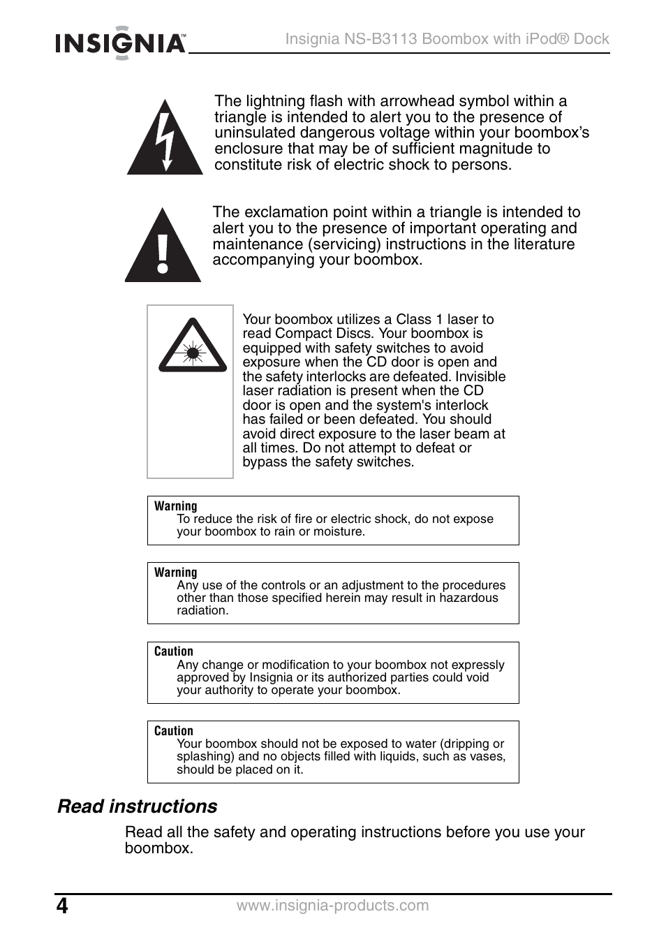 Read instructions | Insignia NS-B3113 User Manual | Page 4 / 84