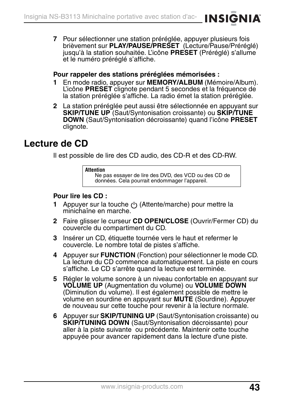 Lecture de cd | Insignia NS-B3113 User Manual | Page 43 / 84