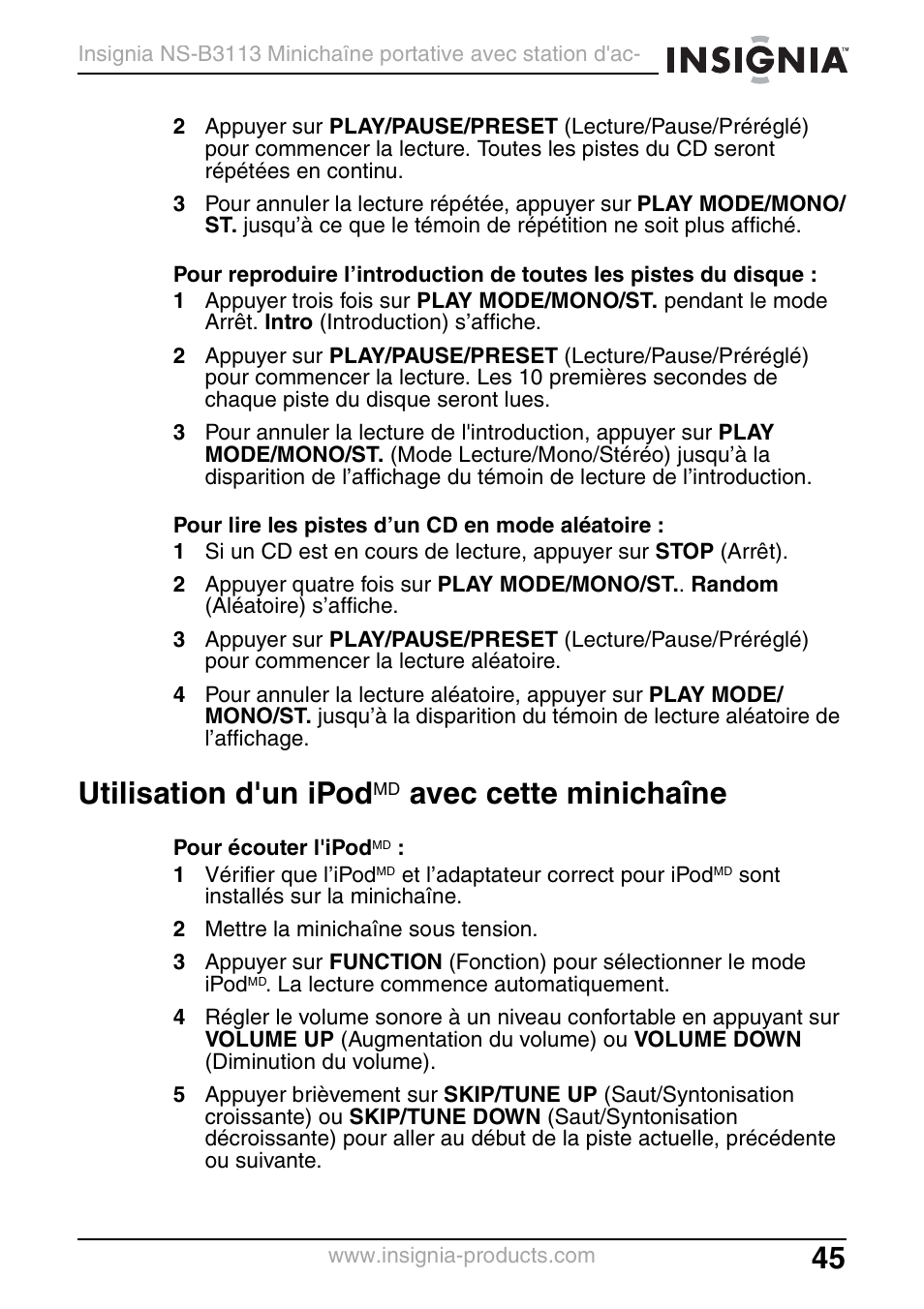 Utilisation d'un ipodmd avec cette minichaîne, Utilisation d'un ipod, Avec cette minichaîne | Insignia NS-B3113 User Manual | Page 45 / 84