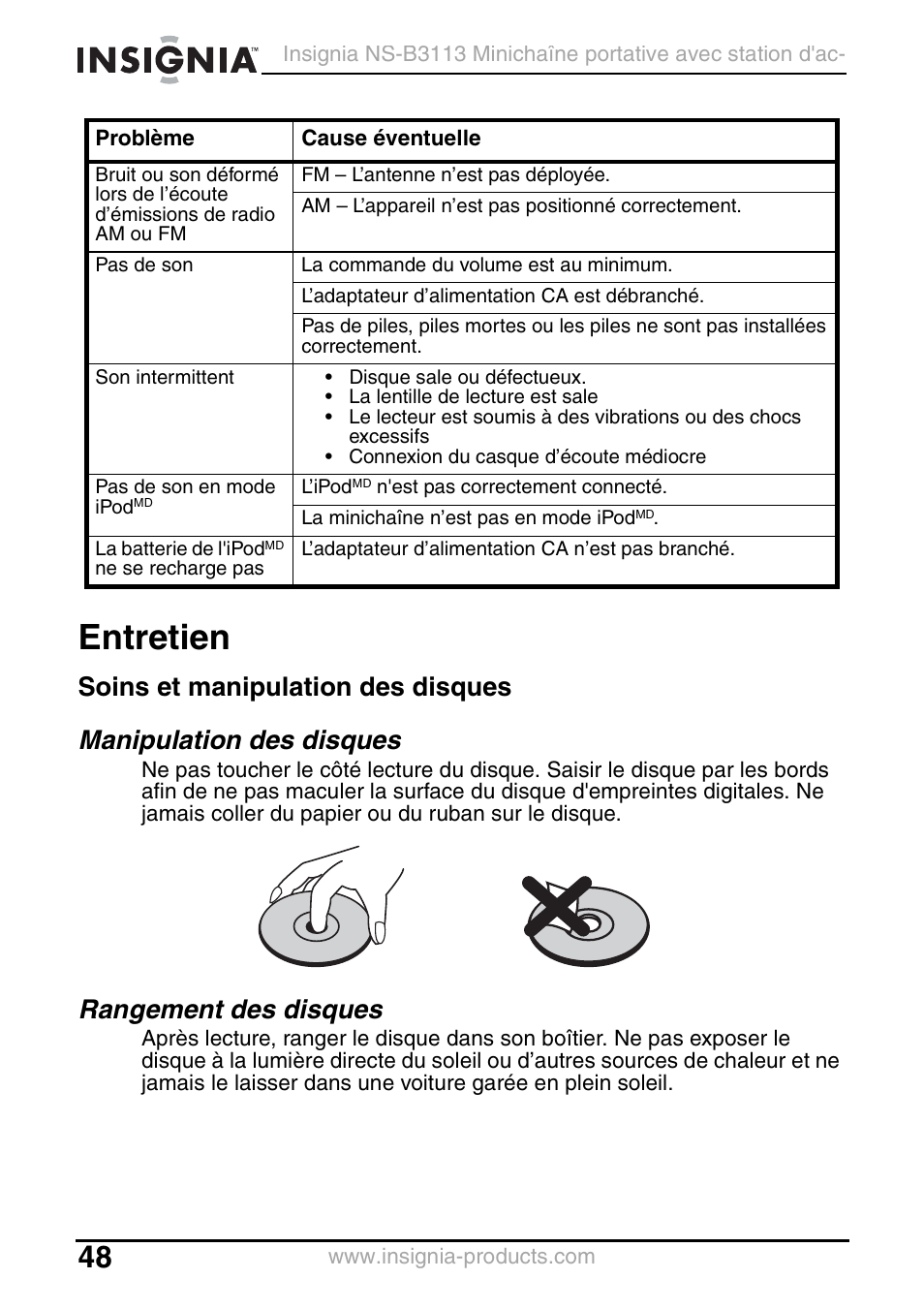 Entretien, Soins et manipulation des disques, Manipulation des disques | Rangement des disques | Insignia NS-B3113 User Manual | Page 48 / 84