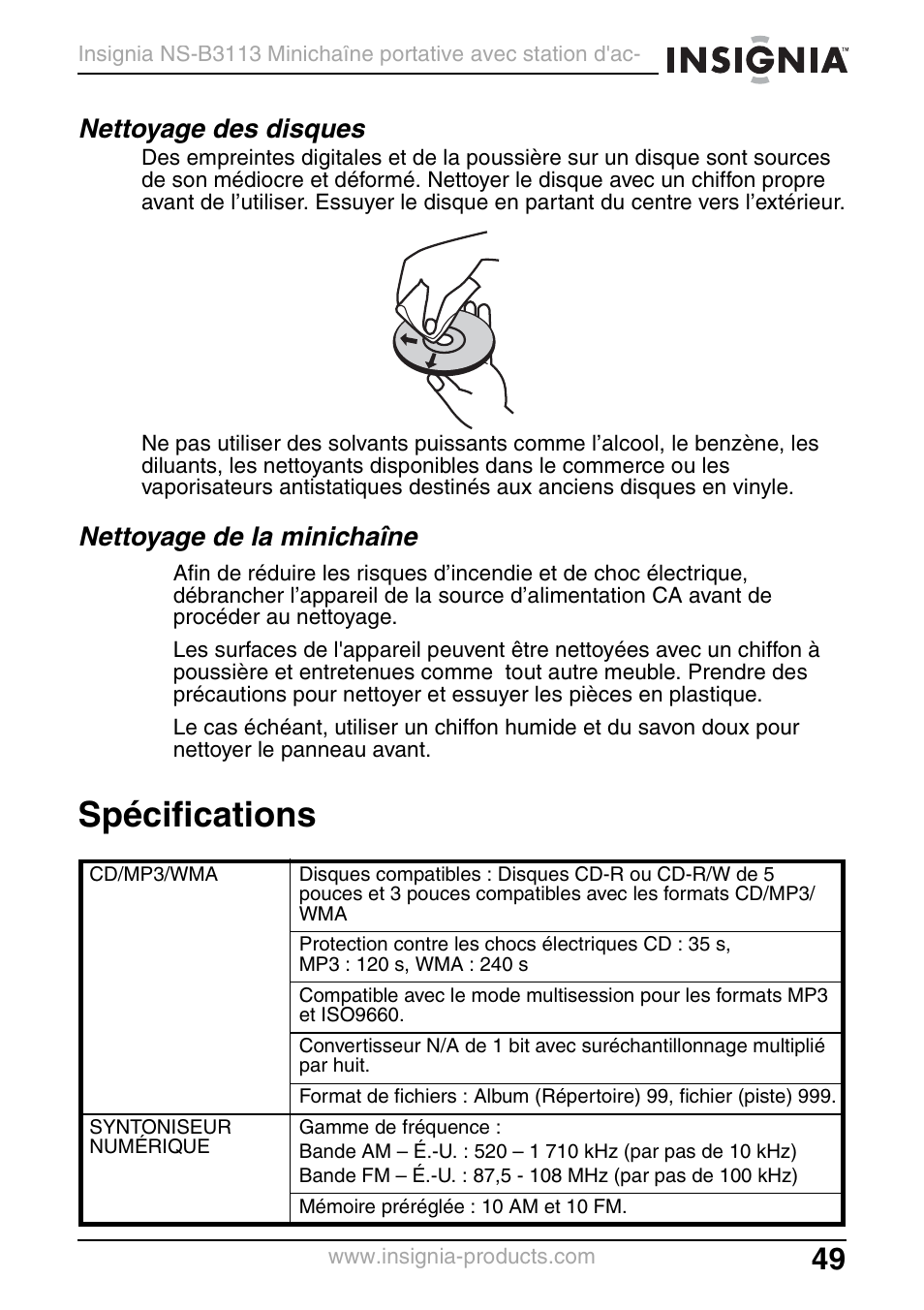 Nettoyage des disques, Nettoyage de la minichaîne, Spécifications | Insignia NS-B3113 User Manual | Page 49 / 84