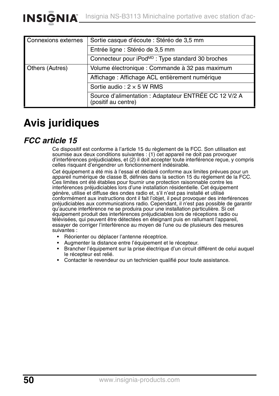 Avis juridiques, Fcc article 15 | Insignia NS-B3113 User Manual | Page 50 / 84