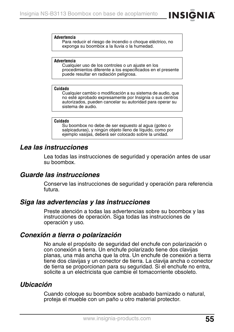Lea las instrucciones, Guarde las instrucciones, Siga las advertencias y las instrucciones | Conexión a tierra o polarización, Ubicación | Insignia NS-B3113 User Manual | Page 55 / 84