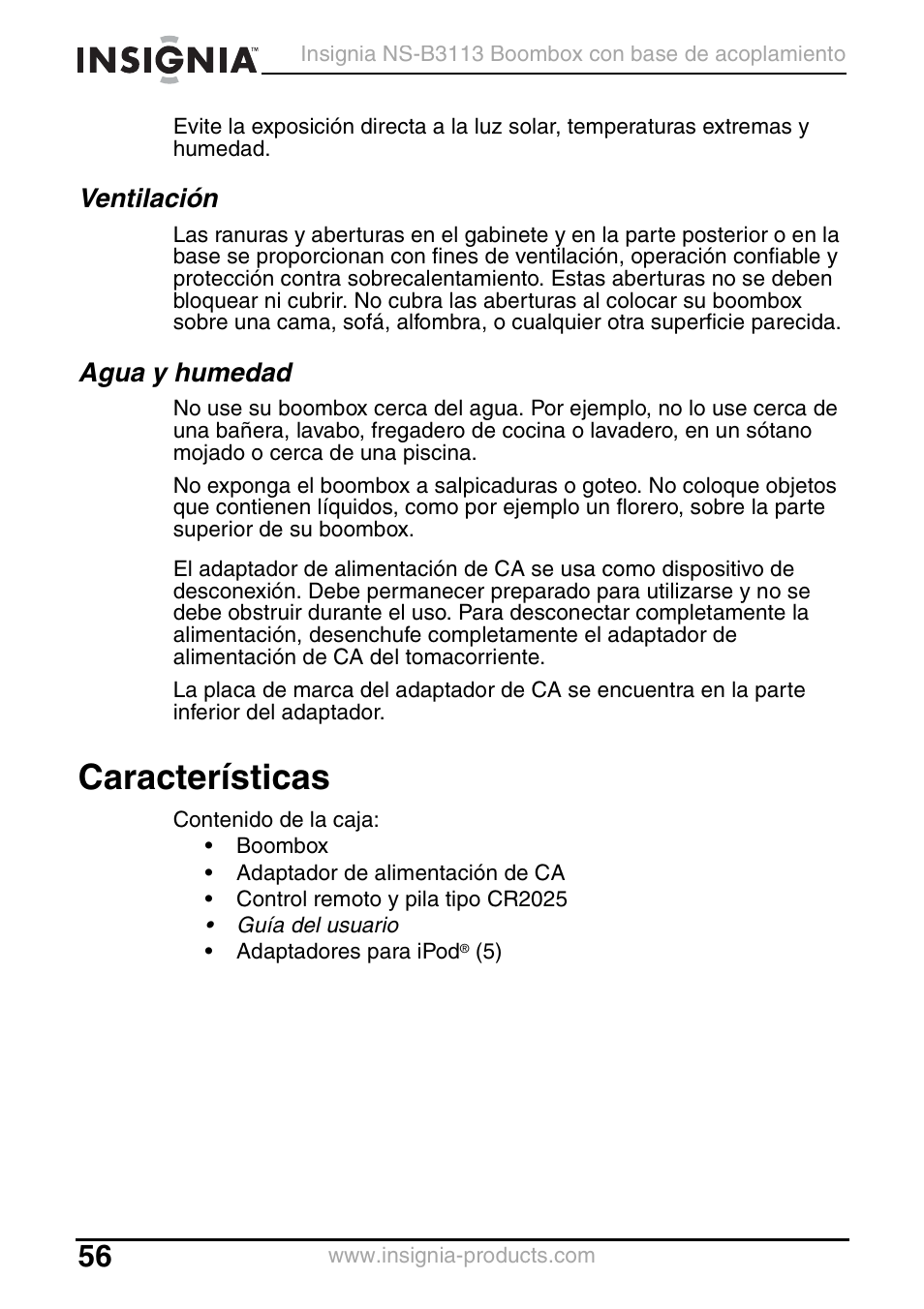 Ventilación, Agua y humedad, Características | Insignia NS-B3113 User Manual | Page 56 / 84