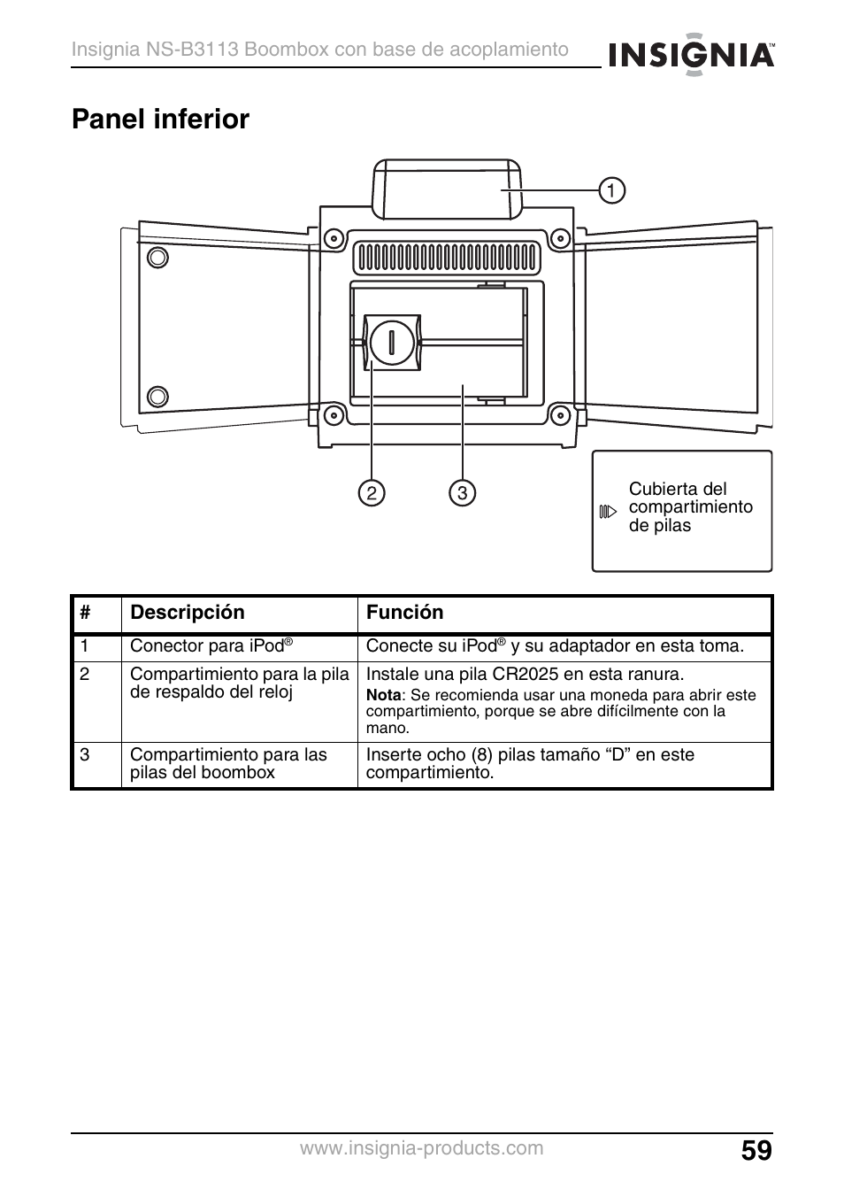 Panel inferior | Insignia NS-B3113 User Manual | Page 59 / 84