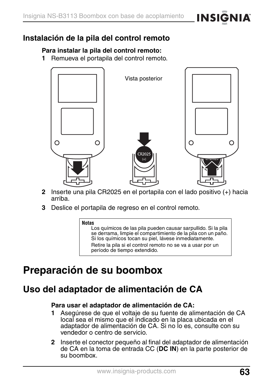 Instalación de la pila del control remoto, Preparación de su boombox, Uso del adaptador de alimentación de ca | Insignia NS-B3113 User Manual | Page 63 / 84