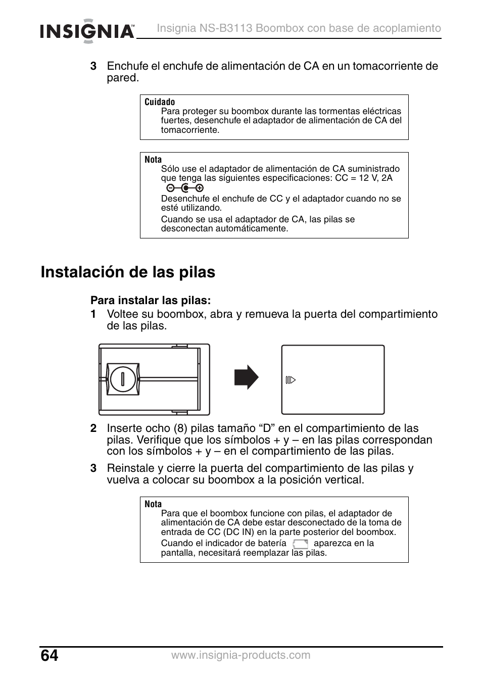 Instalación de las pilas | Insignia NS-B3113 User Manual | Page 64 / 84