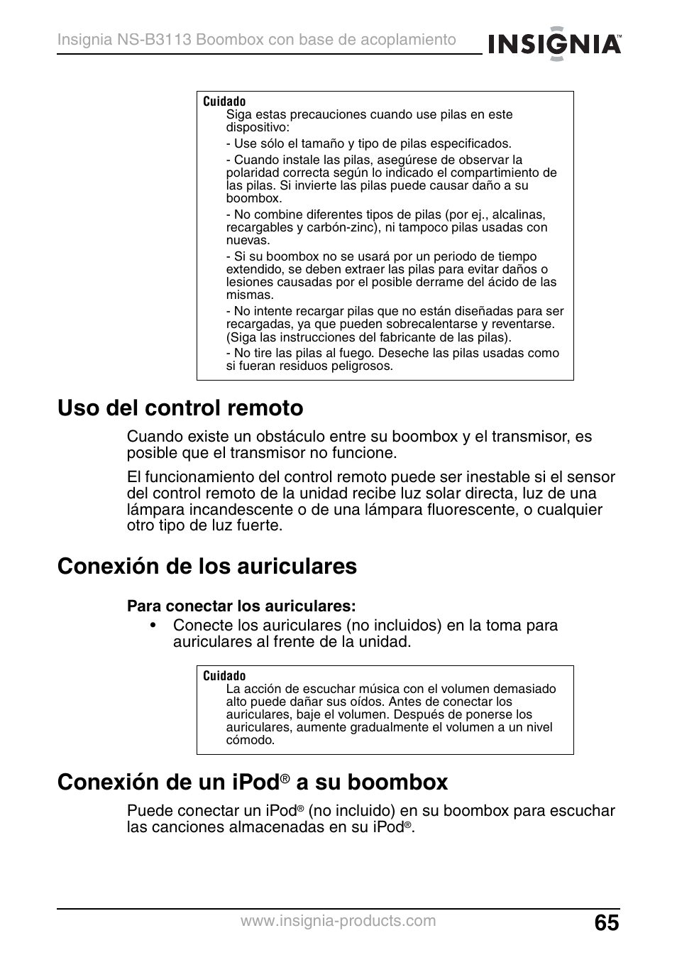 Uso del control remoto, Conexión de los auriculares, Conexión de un ipod® a su boombox | Conexión de un ipod, A su boombox | Insignia NS-B3113 User Manual | Page 65 / 84