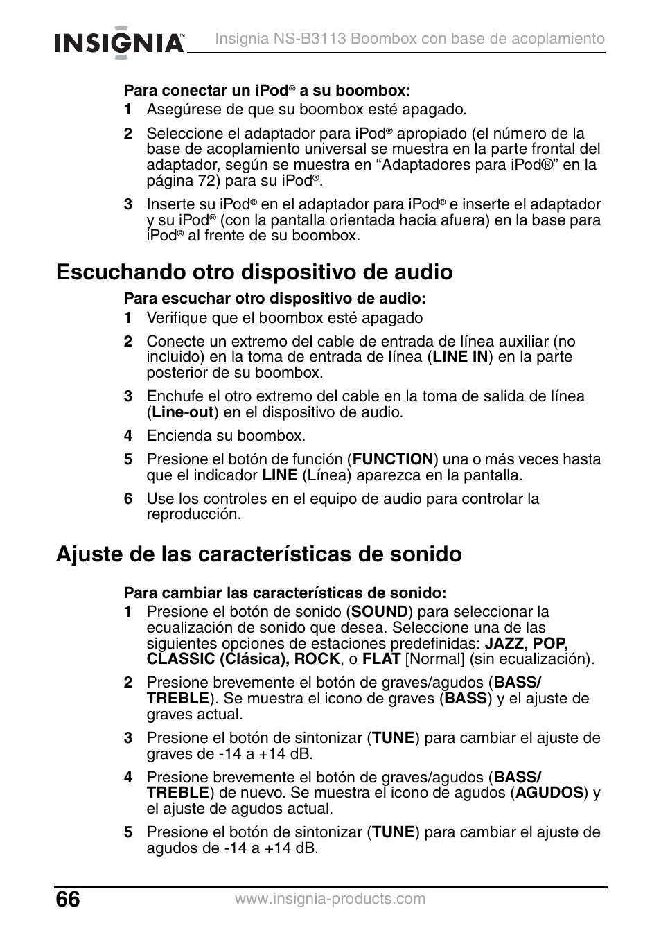 Escuchando otro dispositivo de audio, Ajuste de las características de sonido | Insignia NS-B3113 User Manual | Page 66 / 84